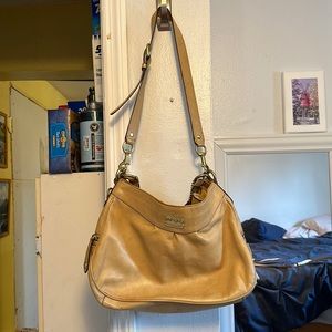 Tan, coach hand bag, adjustable messenger strap